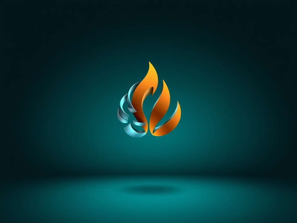a sleek modern logo mark combining a stylized brain and a flame, made of smooth metallic lines, placed on a gradient background of dark teal to light turquoise, high contrast, reflective material, photorealistic, 8k, commercial photography style